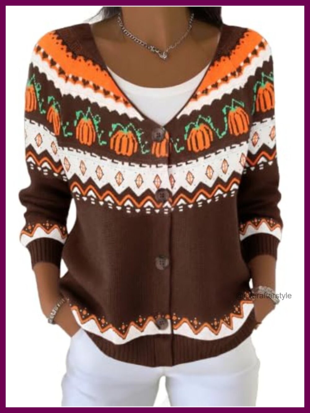 Women Graphic Knit Button Front Cardigan Long Sleeve V Neck Fall Winter Sweater